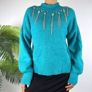 Vintage Blue Bedazzled Fairycore Oversized Wool Knit Classy Grandma Sweater / M